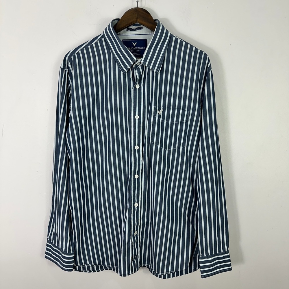 American Eagle Shirt XXL Blue‎ White Striped Button Front Y2K Preppy Vintage Fit